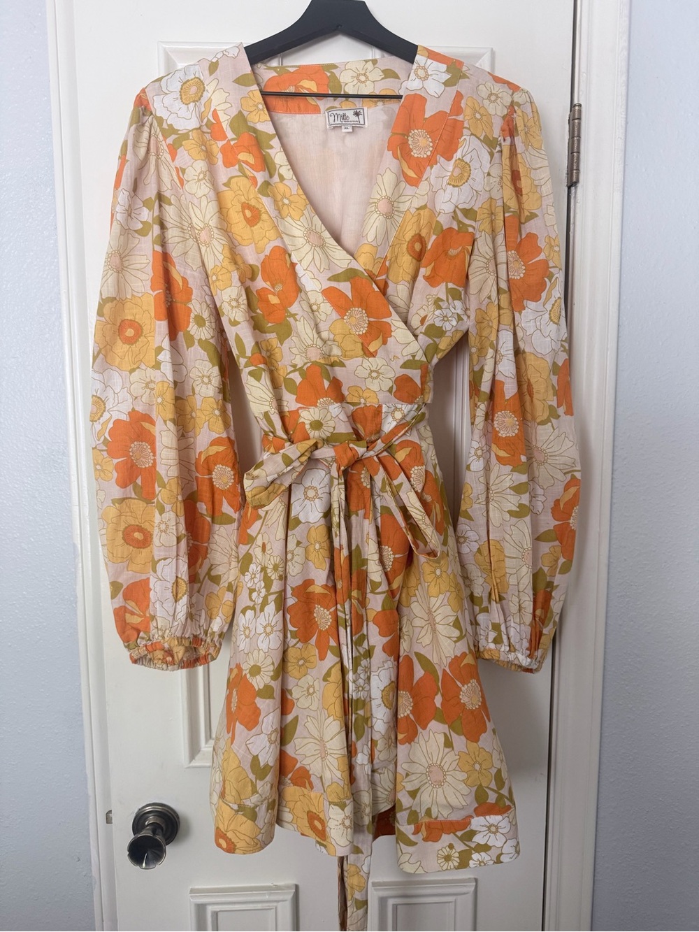 Floral Wrap Mini Dress with Tie Waist - Orange & Cream